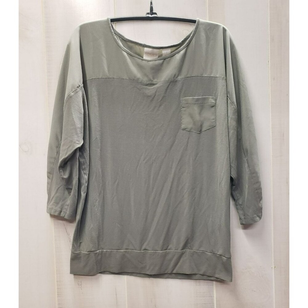 Chicos Collection Olive Green Blouse, 3/4 sleeve, bottom band, pocket, Sz 1 Med